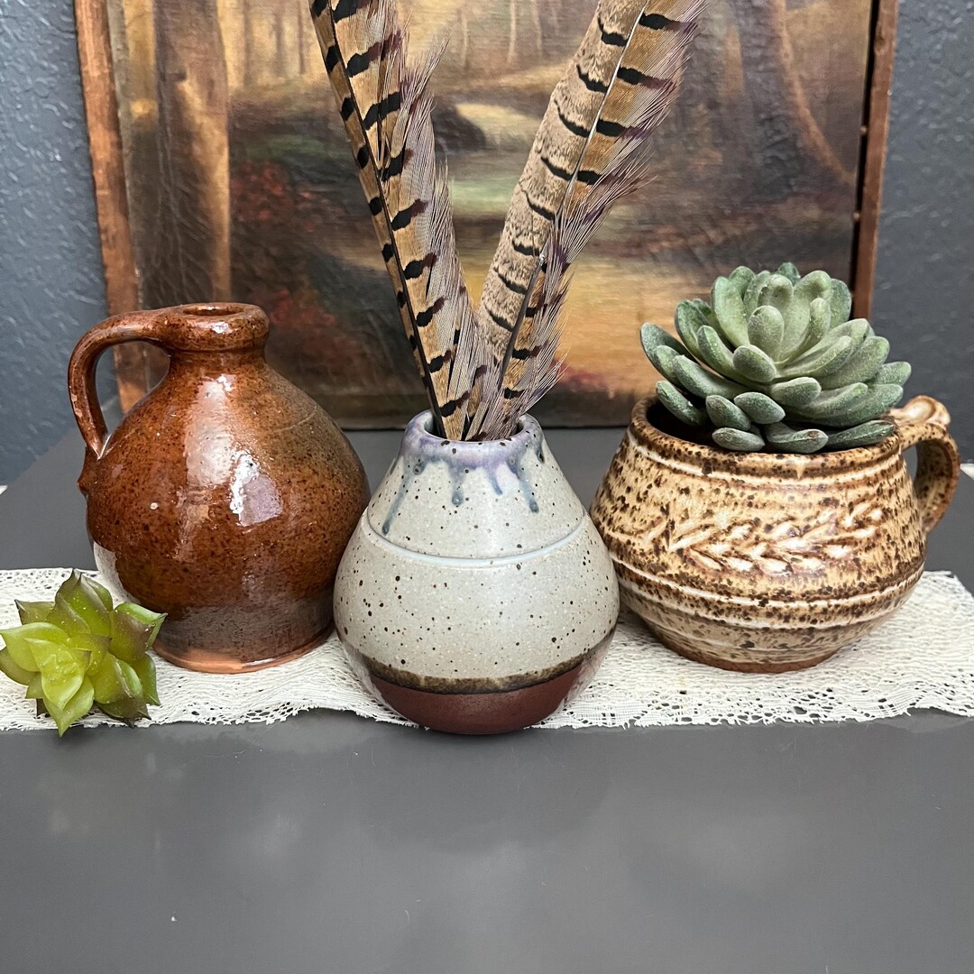 Set of 3 Bud Vase Small Pottery Flower Drip Unique Kitchen Display ...
