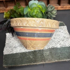 Vintage McCoy Stoneware Bowl Kitchen Display Decor Restaurant Pottery Small Blue Stripe Yellow Orange Mixing Ware Antique Succulents