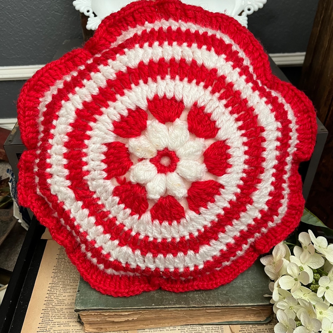 Vintage Crochet Pillow Round Mid Century Bright Spring Red White