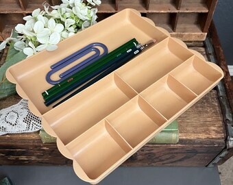 Vintage Storage Tray Plastic Drawer Organizer Divided Desk Accessory Clips Shallow Desk Organizer Vintage Desk Office Peach Tan Scalloped