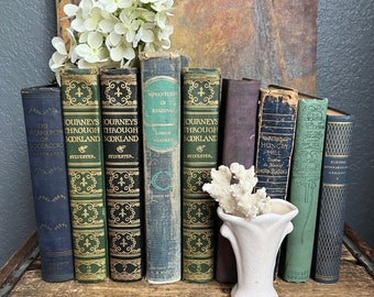 Set 9 Vintage Books Hardback Blue Green Gold Lettering Lot Mantle Shelf Heavy Decor Instant Library Literature Antique Thick Novel