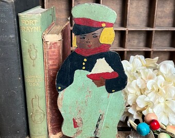 Vintage Boy Ship Door Stop Stopper Wooden Hand Painted Primitive Wood Folk Art Wedge Chippy Prop Art Antique Mint Green Red Country Sailer