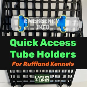 May include: A clear cylindrical tube with blue end caps labeled EMERGENCY INFO, mounted on a black grid panel. The image features text reading Quick Access Tube Holders For Ruffland Kennels and a small green logo for LAYERS & LINES.