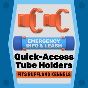 May include: Two orange C-shaped plastic clips and a blue cylindrical tube labeled EMERGENCY INFO & LEASH. The text below reads Quick-Access Tube Holders and FITS RUFFLAND KENNELS. These items are designed for attachment to kennel structures.