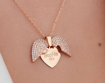 Personalized Sterling Silver Angel Wing Necklace: Custom Memorial Jewelry, Christmas Gift for Her
