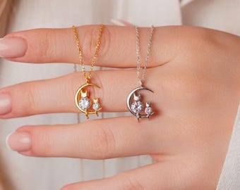 Sterling Silver Cats on Moon Necklace: Zircon Celestial Jewelry