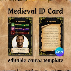 Modelo de Cartão de Identificação de Contador em Estilo Medieval Editável | Contador | Cartão de Identificação de Contador | Modelo Canva | Cosplay | Fantasia | Para Imprimir