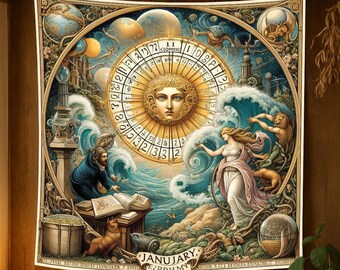 Vintage Astrologie Wandteppich: Ozean Sonnen Kalender, Mythologische Kunst
