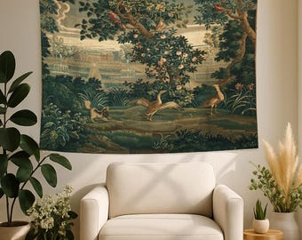 Vintage French Tapestry: Verdure Château Garden Wall Decor