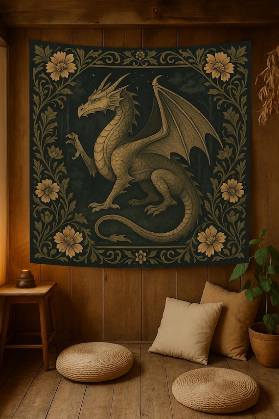 Dragon Wall Tapestry: Medieval Fantasy Decor, Rustic Room Accent