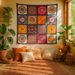 May include: A vibrant tapestry with a patchwork design of squares, each showcasing detailed floral and geometric patterns in orange, blue, and red hues. The tapestry is above pillows and a rug, creating a cosy, bohemian-inspired living space with a warm, inviting atmosphere.