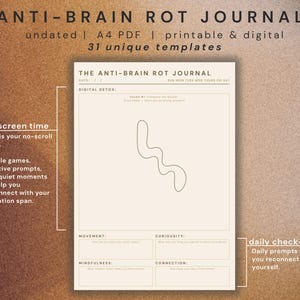 Puede incluir: Un diario digital titulado "ANTI-BRAIN ROT JOURNAL" con indicaciones para controles diarios y desintoxicación digital. El diario no tiene fecha, es A4 PDF y contiene 31 plantillas únicas. El diseño es crema con texto negro y fondo marrón.