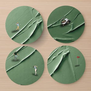 Zestaw 4 podstawek golfowych Tee Time – prezent dla miłośnika golfa | Wyjątkowa dekoracja stolika kawowego w barze | Podkładki z motywem wózka golfowego i golfisty | Prezent na Dzień Ojca