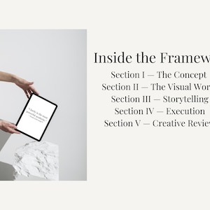K&ouml;nnte beinhalten: Ein schwarzes Tablet zeigt das Zitat &bdquo;Klarheit ist die m&auml;chtigste &Auml;sthetik&ldquo;, das von einer Person gehalten wird. Der Text &bdquo;Inside the Framework&ldquo; und die Abschnittstitel befinden sich auf der rechten Seite des Bildes.