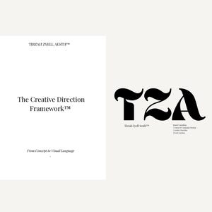 May include: A white book cover with the title "The Creative Direction Framework" and the text "From Concept to Visual Language." Next to it is a black logo with the letters "TZA" and the text "Tirzah Zyll Aesth."