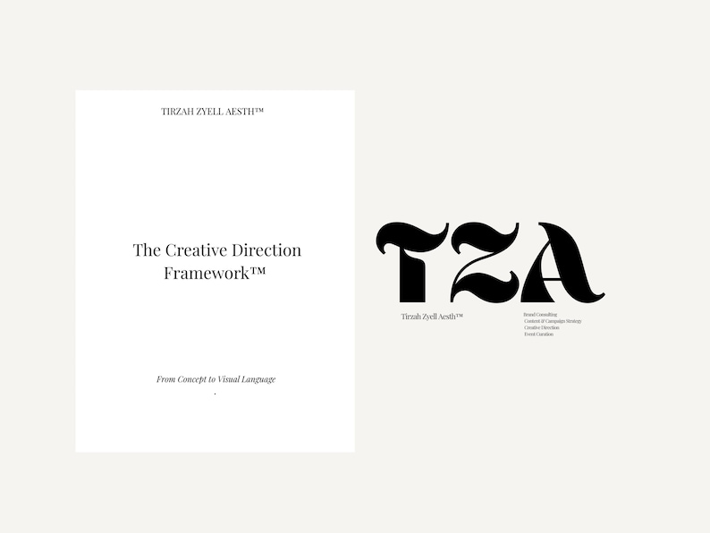 K&ouml;nnte beinhalten: Ein wei&szlig;es Buchcover mit dem Titel "The Creative Direction Framework" und dem Text "From Concept to Visual Language". Daneben ein schwarzes Logo mit den Buchstaben "TZA" und dem Text "Tirzah Zyll Aesth."
