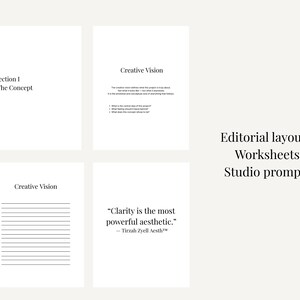 K&ouml;nnte beinhalten: Vier wei&szlig;e Papierlayouts mit Text, darunter "Section I The Concept" und "Creative Vision". Das Bild enth&auml;lt auch das Zitat "Clarity is the most powerful aesthetic". Der Text rechts lautet "Editorial layouts. Worksheets. Studio prompts."