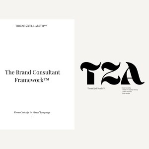 May include: A minimalist design featuring the text "The Brand Consultant Framework" and the stylized letters "TZA". The image includes the text "From Concept to Visual Language" and the name "Tirzah ZYELL Aesth".