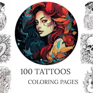 Tattoo Coloring Book PDF – 100 Printable Pages for Adults | Flash Art, Skulls, Snakes, Roses & More | Digital Download PNG  A4 US Size