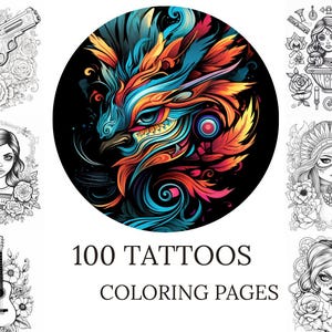 100 Tattoo Coloring Pages – Printable Tattoo Art Book for Adults & Teens | Digital Download PDF PNG | Tattoo Flash, Skulls, Roses More