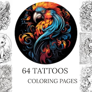 Tattoo Coloring Book – 64 Printable Tattoo Coloring Pages for Adults & Kids | PDF  PNG Instant Digital Download
