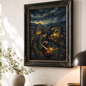May include: A framed artwork depicts figures in ornate gowns tending to glowing flowers under a stormy sky. The painting, in shades of blue, gold, and orange, is set in a dark, ornate frame. The artwork hangs above a dark wooden cabinet with a vase and a bowl.