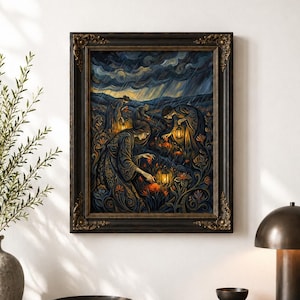 May include: A framed artwork depicts figures with lanterns in a field under a stormy sky. The painting features a dark color palette with ornate details, set within a decorative, dark-toned frame. The artwork is displayed on a dark wooden surface.