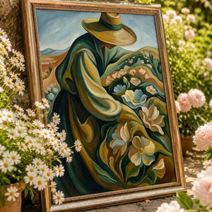 May include: A framed painting depicts a person in a wide-brimmed hat tending to flowers in a field. The artwork features a palette of greens, blues, and yellows, with a gold-colored frame. The painting is leaning against a stone wall, surrounded by flowers.