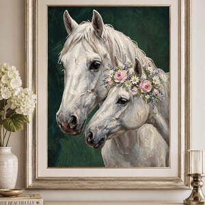White horse mother and foal oil painting, floral crown horse art print, nursery equestrian decor, cottagecore horse poster, baby girl room wall art, botanical animal painting, dark green bedroom decor, impasto horse painting, romantic equestrian art, vintage farmhouse wall decor, mom and baby horse print, pony illustration wall art