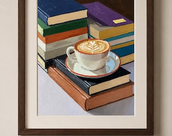 Coffee and Books Wall Art | Cozy Reading Nook Print | Book Lover Oil Painting