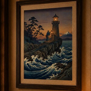 May include: A framed artwork depicting a lighthouse on a rocky coast with crashing waves. The artwork features a person with a lantern, a mountain in the distance, and a warm color palette. A small lantern with Japanese text sits below the artwork.
