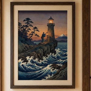May include: Framed print of a lighthouse on a rocky coast, inspired by Japanese art. The artwork depicts a person with a lantern, the ocean waves, and a mountain in the background. The color palette includes blues, browns, and oranges.