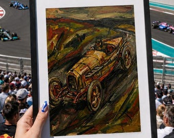 Lámina con pintura al óleo de un coche de carreras clásico / Decoración expresionista de automovilismo (descarga digital)