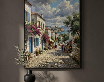 Mediterranes Dorf Wandkunst | Griechische Insel Straßendruck | Am Meer Ölgemälde (Digitaler Download)