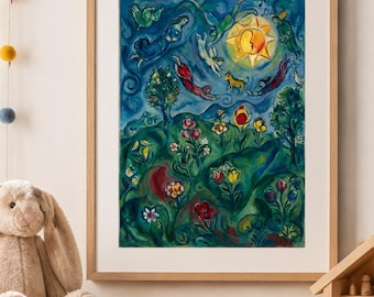 Marc Chagall Style Oil Painting, Whimsical Dreamscape Wall Art, Surreal Fauvism Flower Print