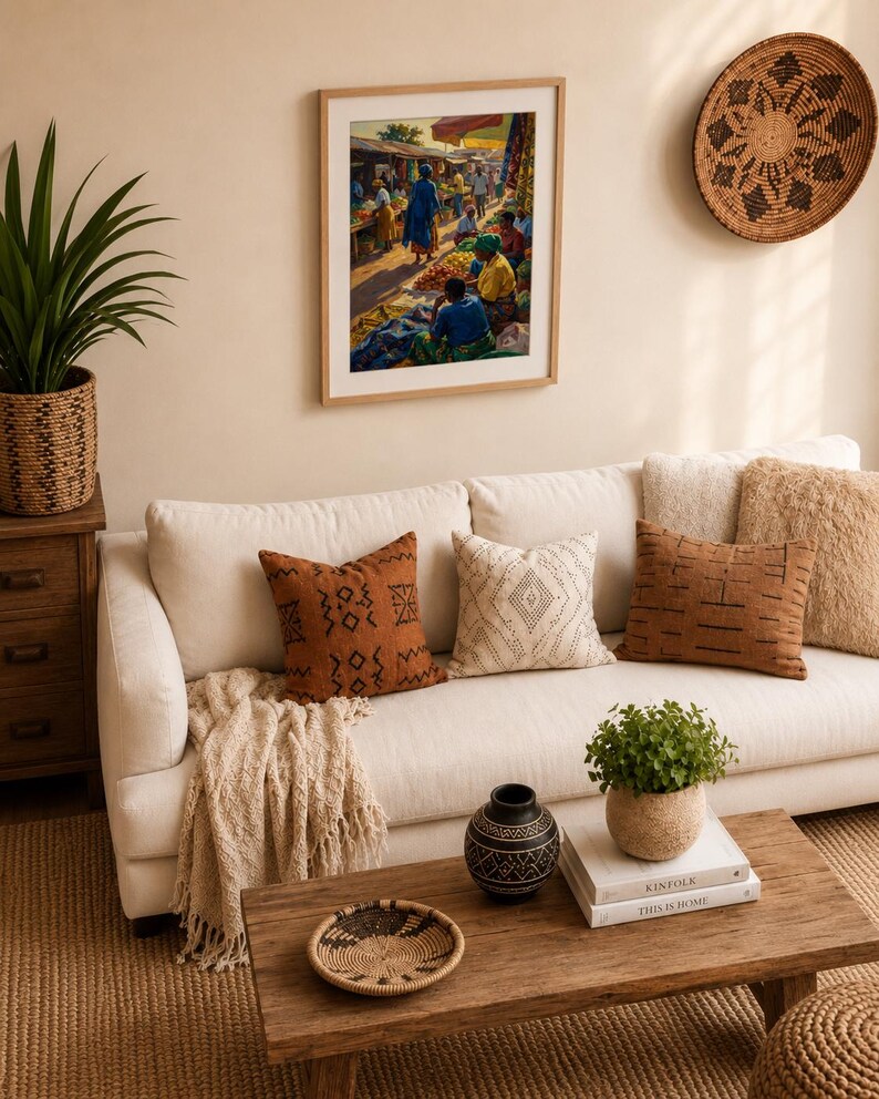 May include: A living room with a white sofa and cushions in brown and cream tones. A framed artwork of a market scene is above the sofa. A wooden coffee table holds a plant, books, and a decorative bowl, creating a warm, inviting atmosphere.
