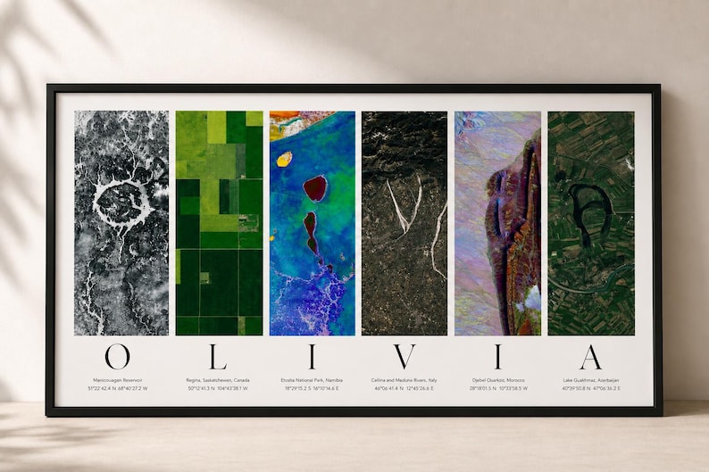 Puede incluir: Una impresi&oacute;n enmarcada con seis paneles verticales que muestran vistas a&eacute;reas de diferentes lugares. La palabra "OLIVIA" est&aacute; escrita en la parte inferior. Cada panel muestra un paisaje &uacute;nico con una paleta de colores y textura distintas.