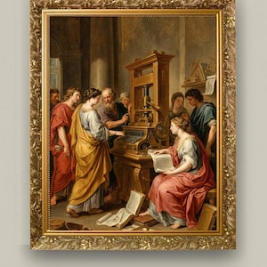 Puede incluir: Pintura enmarcada que representa una escena hist&oacute;rica con varias figuras alrededor de una imprenta. La obra presenta individuos con vestimenta cl&aacute;sica, con tonos c&aacute;lidos y detalles intrincados, en un marco dorado ornamentado.
