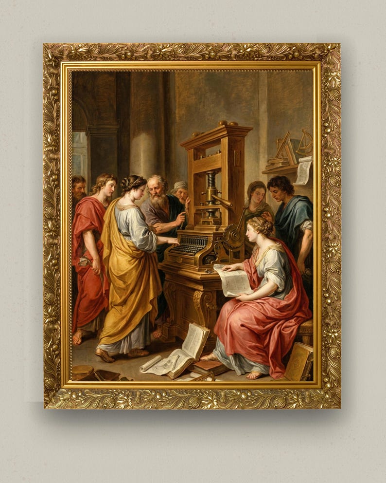 Puede incluir: Pintura enmarcada que representa una escena hist&oacute;rica con varias figuras alrededor de una imprenta. La obra presenta individuos con vestimenta cl&aacute;sica, con tonos c&aacute;lidos y detalles intrincados, en un marco dorado ornamentado.