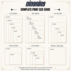 May include: A complete print size guide with various aspect ratios and ISO sizes. The guide includes dimensions in inches and centimeters for print sizes such as 24"x36", 20"x30", A1, A2, A3, A4, and A5.