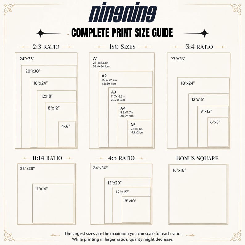 May include: A complete print size guide with various aspect ratios and ISO sizes. The guide includes dimensions in inches and centimeters for print sizes such as 24"x36", 20"x30", A1, A2, A3, A4, and A5.