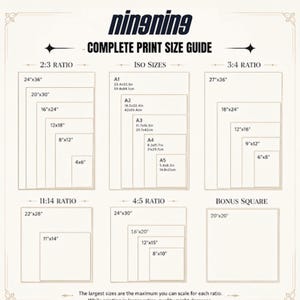 May include: Print size guide with the text "ningning" at the top. The guide shows various print sizes in inches and centimeters, including 24"x36" (61x91cm), 20"x30" (51x76cm), and 16"x24" (41x61cm), organized by ratio and ISO sizes. The guide also includes the text "COMPLETE PRINT SIZE GUIDE".