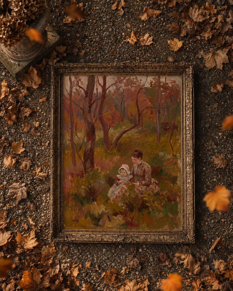 May include: An antique framed painting depicting a woman and child in a forest setting. The artwork features warm tones of brown, red, and green, with a detailed gold frame. The painting is surrounded by fallen autumn leaves.