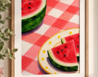 Watermelon Oil Painting | Summer Picnic Food Wall Art | Preppy Kitchen Decor