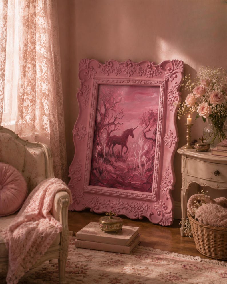 May include: A pink framed painting of a unicorn in a forest setting. The ornate frame is a light pink color. The painting is displayed in a room with a matching color scheme, including a chair, blanket, and curtains.