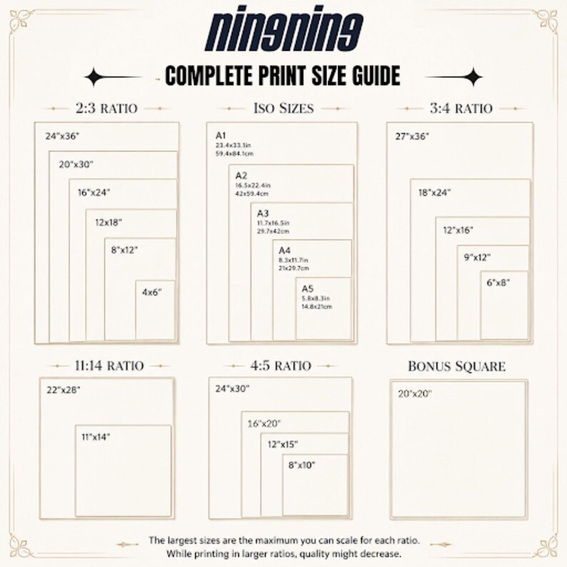 May include: A print size guide with the text "ningning" at the top. The guide displays various print sizes in inches and centimeters, including 24"x36" (61x91cm), 20"x30" (51x76cm), and 16"x24" (41x61cm), organized by ratio.