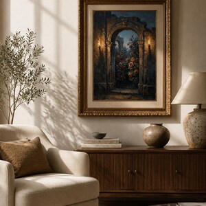 May include: An ornate gold-framed painting of a floral scene within an archway, lit by sconces. The room includes a beige armchair, a wooden cabinet, and a table lamp, creating a warm atmosphere. The painting's style suggests a classic, elegant interior design.