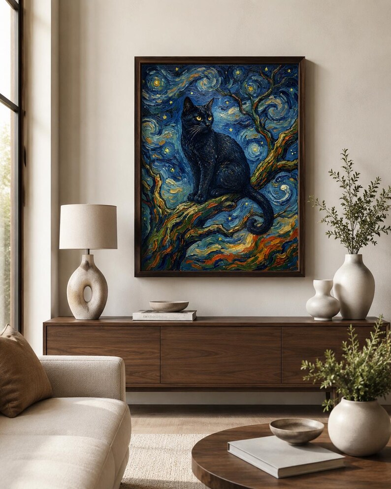 K&ouml;nnte beinhalten: Ein gerahmter Kunstdruck zeigt eine schwarze Katze auf einem Ast vor einem wirbelnden Nachthimmel. Das Kunstwerk hat einen dunkelbraunen Rahmen und eine lebendige Farbpalette aus Blau, Gelb und Orange, die eine skurrile &Auml;sthetik erzeugt.