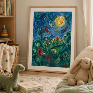 May include: A framed art print depicting a colourful landscape with flowers, trees, and figures under a bright sun. The artwork is in a wooden frame, displayed in a child's room setting.