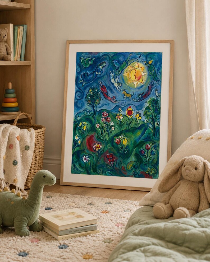 May include: A framed art print depicting a colourful landscape with flowers, trees, and figures under a bright sun. The artwork is in a wooden frame, displayed in a child's room setting.